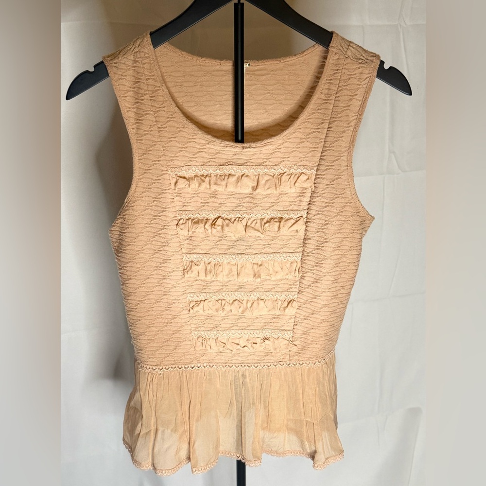 Free People Tan Sleeveless Ruffle Blouse